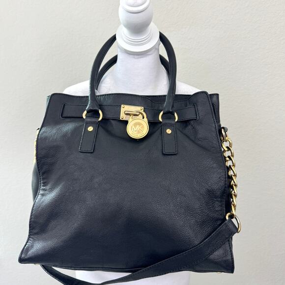Michael Kors Womens Hamilton Satchel Handbag Leather Goldtone Lock Classic Black - Picture 1 of 13